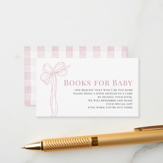Long Pink Bow Ribbon Girl Baby Shower Book Request エンクロージャーカード (正面/裏面インサイチュ)