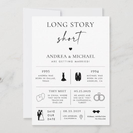 Long Story短いインフォグラフィック日付の結婚保存 招待状 (正面)