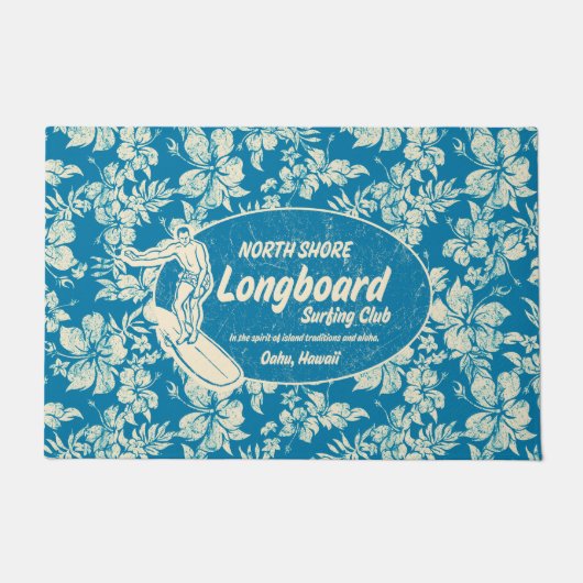Longboardのロゴおよびハイビスカスの紺碧をサーフしているクラブ ドアマット (正面)