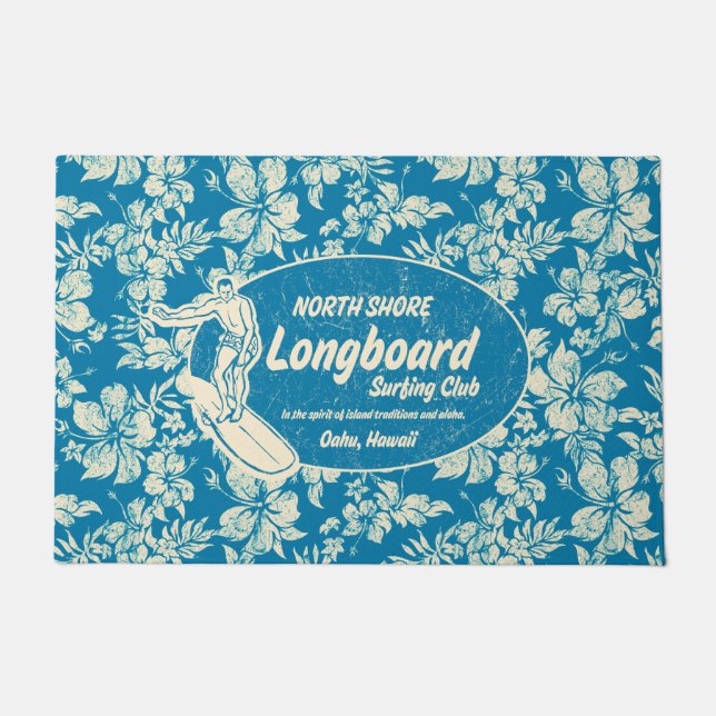 Longboardのロゴおよびハイビスカスの紺碧をサーフしているクラブ ドアマット (正面)