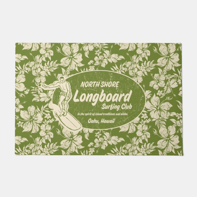 Longboardのロゴおよびハイビスカスの緑をサーフしているクラブ ドアマット (正面)