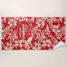 Longboardのロゴのハイビスカスのアロハ赤をサーフしているクラブ ビーチタオル