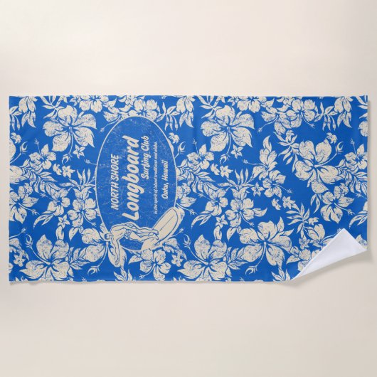 Longboardのロゴのハイビスカスのアロハ青をサーフしているクラブ ビーチタオル (正面)