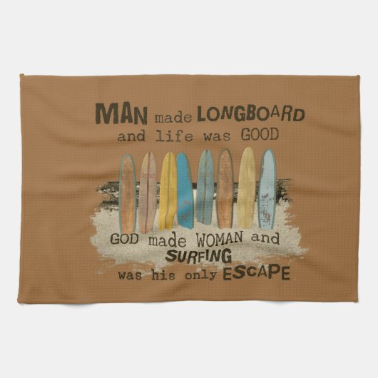 Longboardsの早い人および女性のサーフィンのユーモア キッチンタオル (横)
