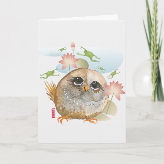 LOOK B4 U LEAP水色バードフクロウのアートカード サンキューカード (正面)