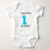 Look Who's 1カスタマイズ可能な誕生日Tシャツ ベビーボディスーツ (正面)