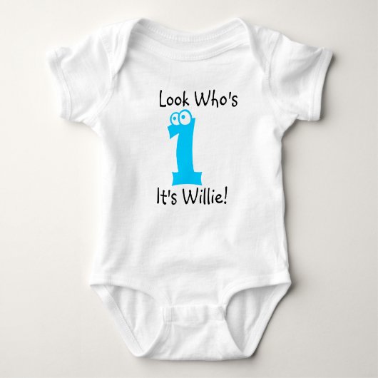 Look Who's 1カスタマイズ可能な誕生日Tシャツ ベビーボディスーツ (正面)