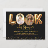 Look Who's 21 Black Gold Photo 21st Birthday 招待状 (正面)