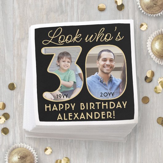 Look Who's 30ブラック&金ゴールドハッピーバースデー2写真 スタンダードカクテルナプキン