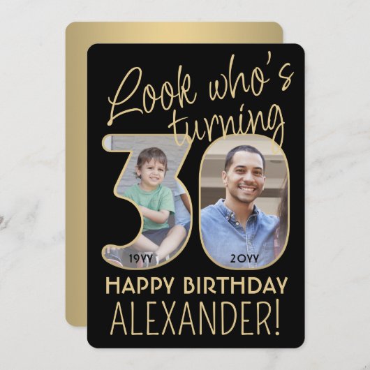 Look Who's 30ブラック&金ゴールド誕生日パーティー2写真 招待状 (正面/裏面)