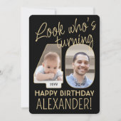 Look Who's 40ブラック&金ゴールド誕生日パーティー2写真 招待状 (正面)