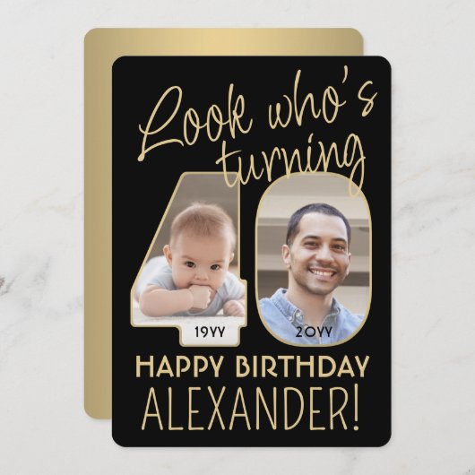 Look Who's 40ブラック&金ゴールド誕生日パーティー2写真 招待状 (正面/裏面)