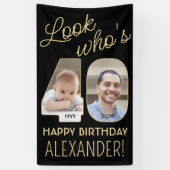 Look Who's 40ブラック&金ゴールド2フォトバースデーパーティー 横断幕 (縦)