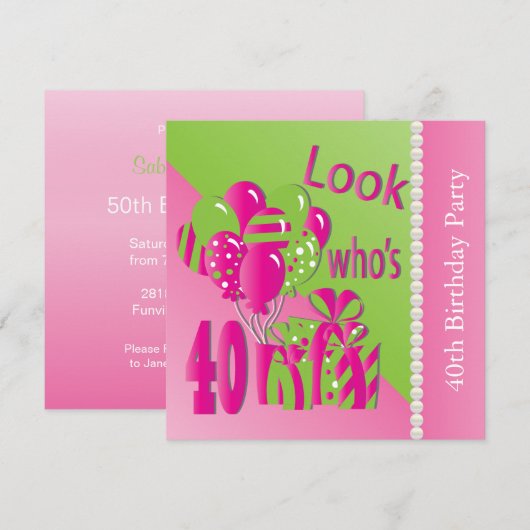 Look Who's 40 in Pink - 40th Birthday招待状 招待状 (正面/裏面)