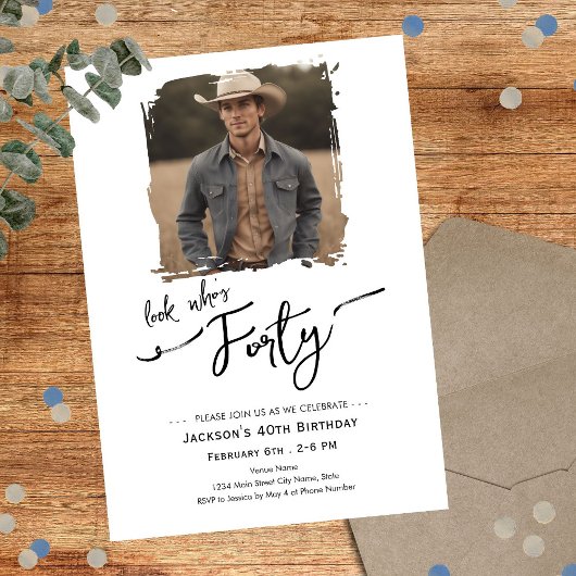 Look Who's 40 Minimal Photo Birthday 招待状