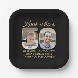 Look Who's 50ブラック&金ゴールドハッピーバースデー2写真 ペーパープレート