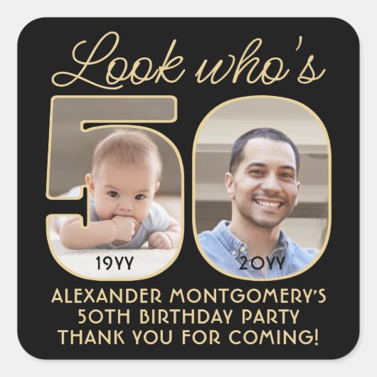 Look Who's 50ブラック&金ゴールド誕生日パーティー2写真 スクエアシール (正面)