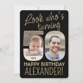 Look Who's 50ブラック&金ゴールド誕生日パーティー2写真 招待状 (正面)