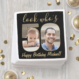 Look Who's 50ブラック&金ゴールド2フォトハッピーバースデー スタンダードカクテルナプキン