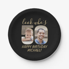 Look Who's 50ブラック&金ゴールド2フォトハッピーバースデー ペーパープレート