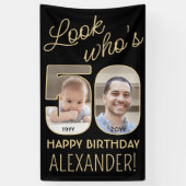 Look Who's 50ブラック&金ゴールド2フォトバースデーパーティー 横断幕 (縦)