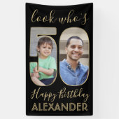 Look Who's 50ブラック&金ゴールド2フォトバースデーパーティー 横断幕 (縦)