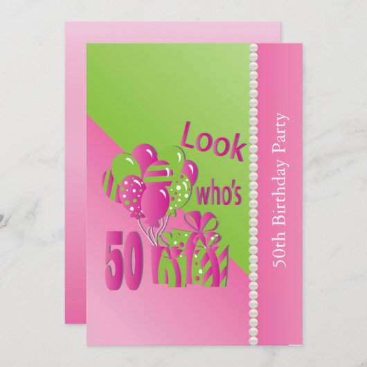 Look Who's 50 in Pink - 50かわいらし誕生日 招待状 (正面/裏面)
