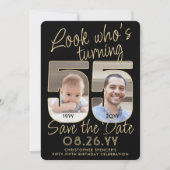 Look Who's 55ブラック&金ゴールド2フォトバースデーパーティー セーブザデート (正面)