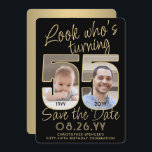 Look Who's 55ブラック&金ゴールド2フォトバースデーパーティー セーブザデート<br><div class="desc">誰が55歳に変わったんだ!招待状の家族と友人の55誕生祝いの近くに写真とカスタム一緒に日付のパーティの招待状を保存する。写真とこのテンプレートの文言はパーソナライズするシンプルために必要である。(画像の配置のヒント:写真を正確に配置する簡単の方法は、Zazzleウェブサイトにアップロードする前に写真をトリミングする。あなたもしは救済、追加の必要があるメッセージ私へ:)ブラックと金ゴールドのデザインは、あなたの選択の2つの写真を備えモダンて、スクリプト書、ヴィンテージデコタイポグラフィ。金ゴールドは金属箔ではなく印刷色であることに注意して下さい。このユニークデザイン男女兼用は、男性にも女性にも適している。ハッピーファイブ誕生日!</div>