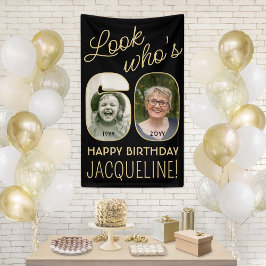 Look Who's 60ブラック&金ゴールド2フォトバースデーパーティー 横断幕