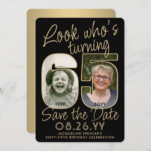 Look Who's 65ブラック&金ゴールド2フォトバースデーパーティー セーブザデート (正面/裏面)