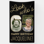 Look Who's 65ブラック&金ゴールド2フォトバースデーパーティー 横断幕 (縦)