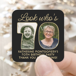 Look Who's 70ブラック&金ゴールド誕生日パーティー2写真 スクエアシール