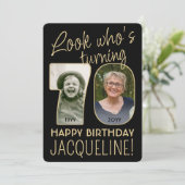 Look Who's 70ブラック&金ゴールド誕生日パーティー2写真 招待状 (スタンド正面)