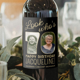 Look Who's 70ブラック&金ゴールド2フォトバースデーパーティー ワインラベル