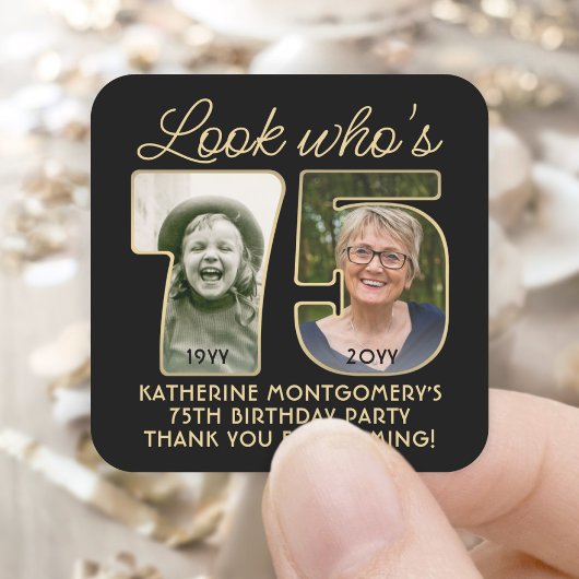 Look Who's 75ブラック&金ゴールド誕生日パーティー2写真 スクエアシール