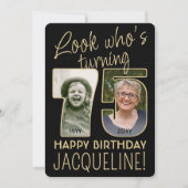 Look Who's 75ブラック&金ゴールド誕生日パーティー2写真 招待状 (正面)