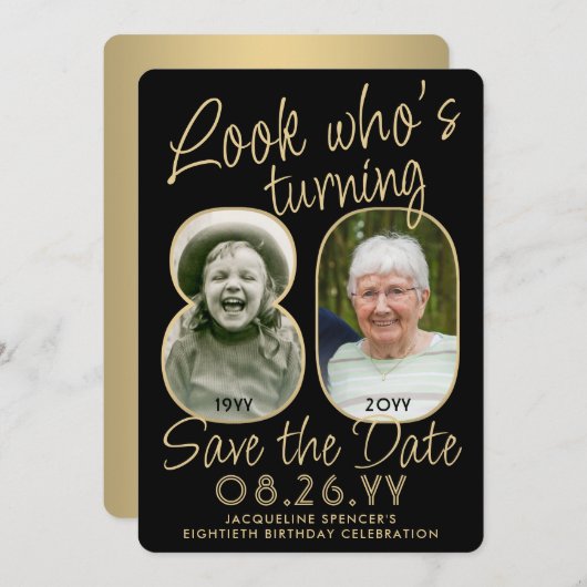 Look Who's 80ブラック&金ゴールド2フォトバースデーパーティー セーブザデート (正面/裏面)