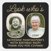 Look Who's 90ブラック&金ゴールド誕生日パーティー2写真 スクエアシール (正面)