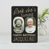 Look Who's 90ブラック&金ゴールド誕生日パーティー2写真 招待状 (スタンド正面)