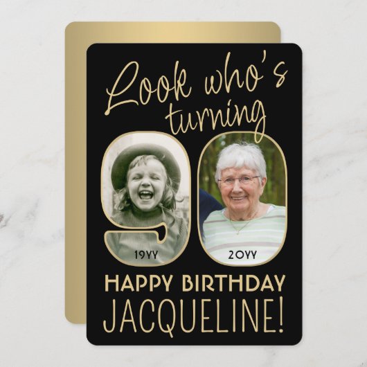 Look Who's 90ブラック&金ゴールド誕生日パーティー2写真 招待状 (正面/裏面)