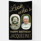 Look Who's 90ブラック&金ゴールド2フォトバースデーパーティー 横断幕 (縦)