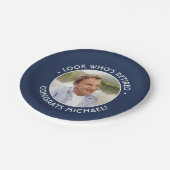 Look Who's Navy & 退職した White Retirement Photo ペーパープレート (アングル)