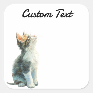 Looking Up Cat -2   Personalized Custom Text スクエアシール