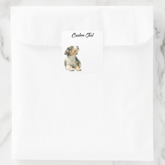 Looking Up Puppy | Personalized Custom Text スクエアシール (バッグ)