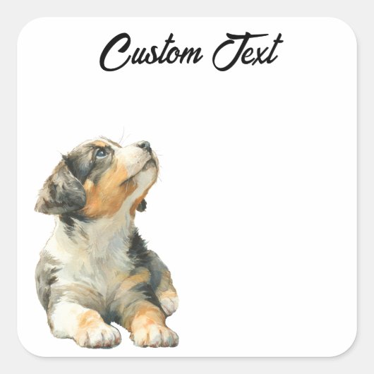 Looking Up Puppy | Personalized Custom Text スクエアシール (正面)