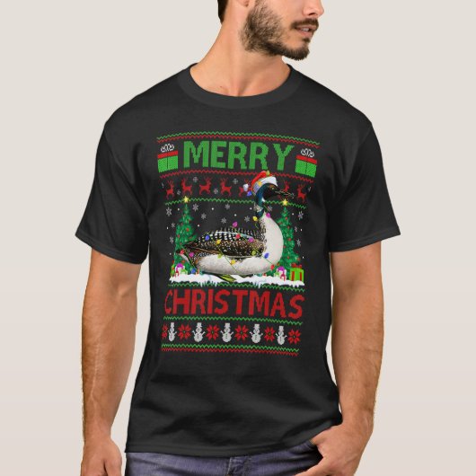 Loon Bird   Xmas Tree Lights Ugly Santa Loon Chris Tシャツ (正面)