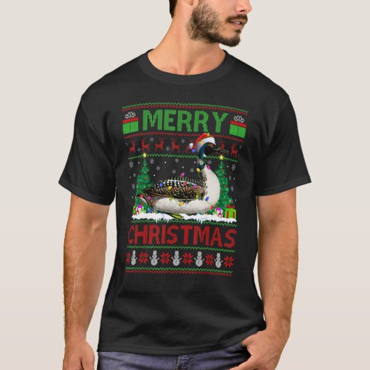 Loon Bird  Xmas Tree Lights Ugly Santa Loon Christ Tシャツ (正面)