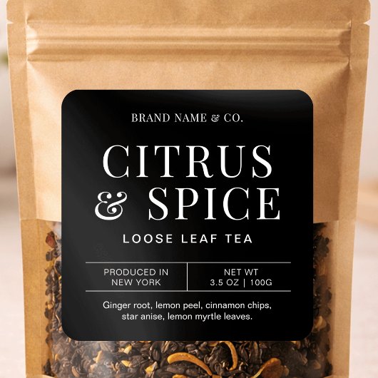 Loose Leaf Tea Simple Minimalist Black Pouch Label スクエアシール