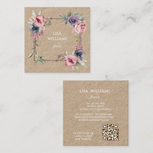 Loose Watercolor Floral Frame Kraft スクエア名刺 (正面/裏面)